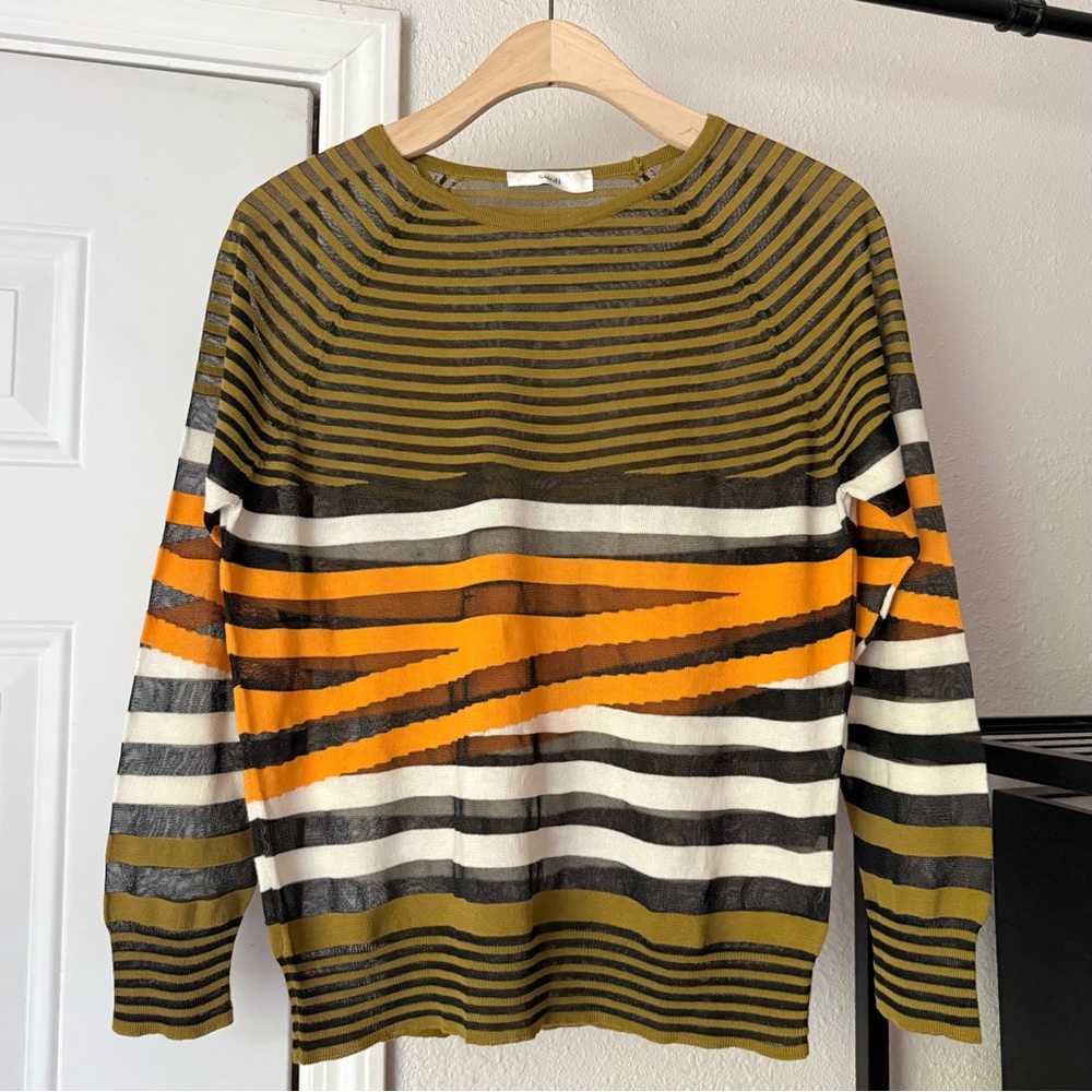 SUOLI Olive white orange sheer striped cotton crew neck‎ knit pullover sweater